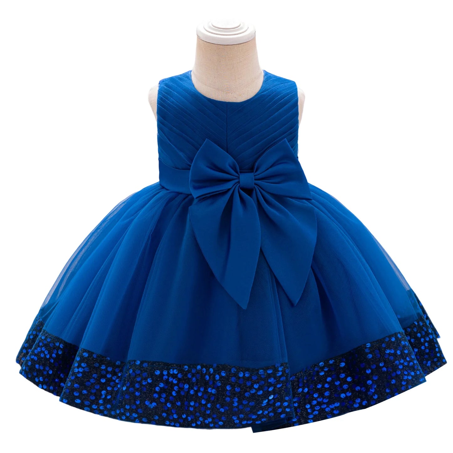 Girls Sleeveless Round Neck Sequins Hem Tulle Patchwork A-line Dress with Sparkling Embellishments and Bow Detail