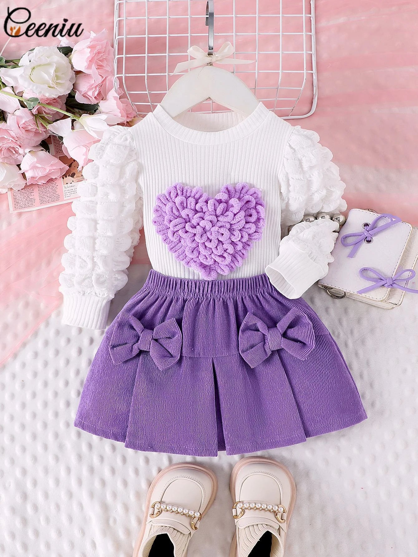0-3Y Baby Girl Outfit Set 2pcs Puffy Sleeve Heart Shape Top and Corduroy Skirts Valentines Day Sweet Toddler Kids Clothes Girls