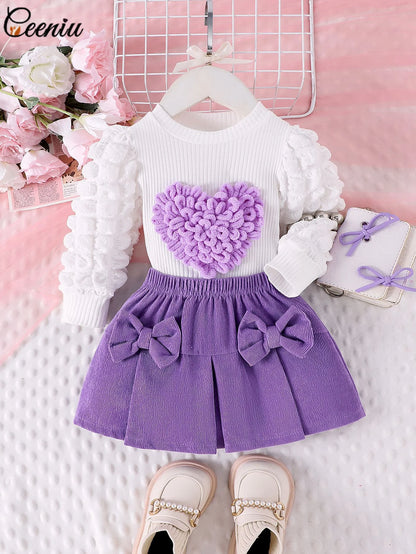 0-3Y Baby Girl Outfit Set 2pcs Puffy Sleeve Heart Shape Top and Corduroy Skirts Valentines Day Sweet Toddler Kids Clothes Girls