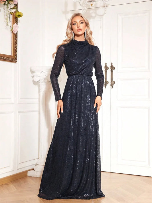 Luxury Sequin Evening Dresses 2025 Long Sleeve Blue High Collar Mermaid Women's Evening Formal Party Cocktail Graduation Gowns