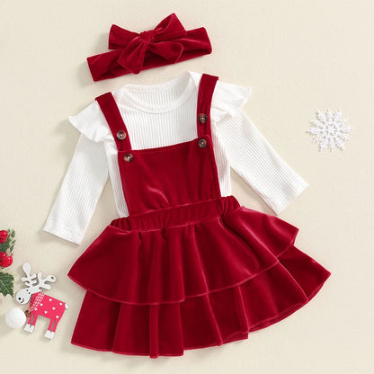 Baby Girl Christmas Outfits Solid Color Ribbed Knit Romper Velvet Ruffles Suspender Skirt Headband 3Pcs Clothes Set