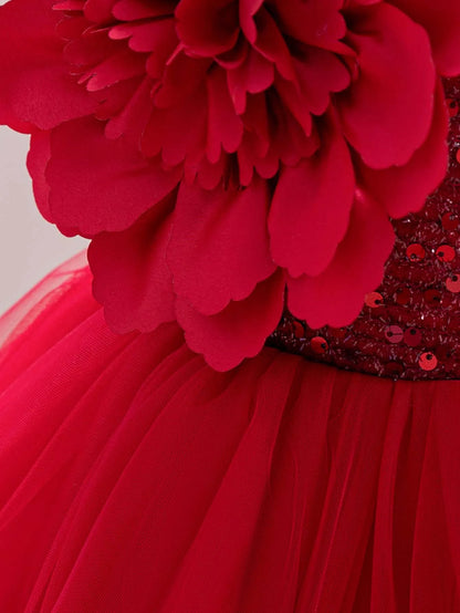 New Red Single Shoulder Sparkling Flying Sleeve Baby's Birthday Party Dress 0-6 Year Old Girl Pageant Dresses for Toddler Girls