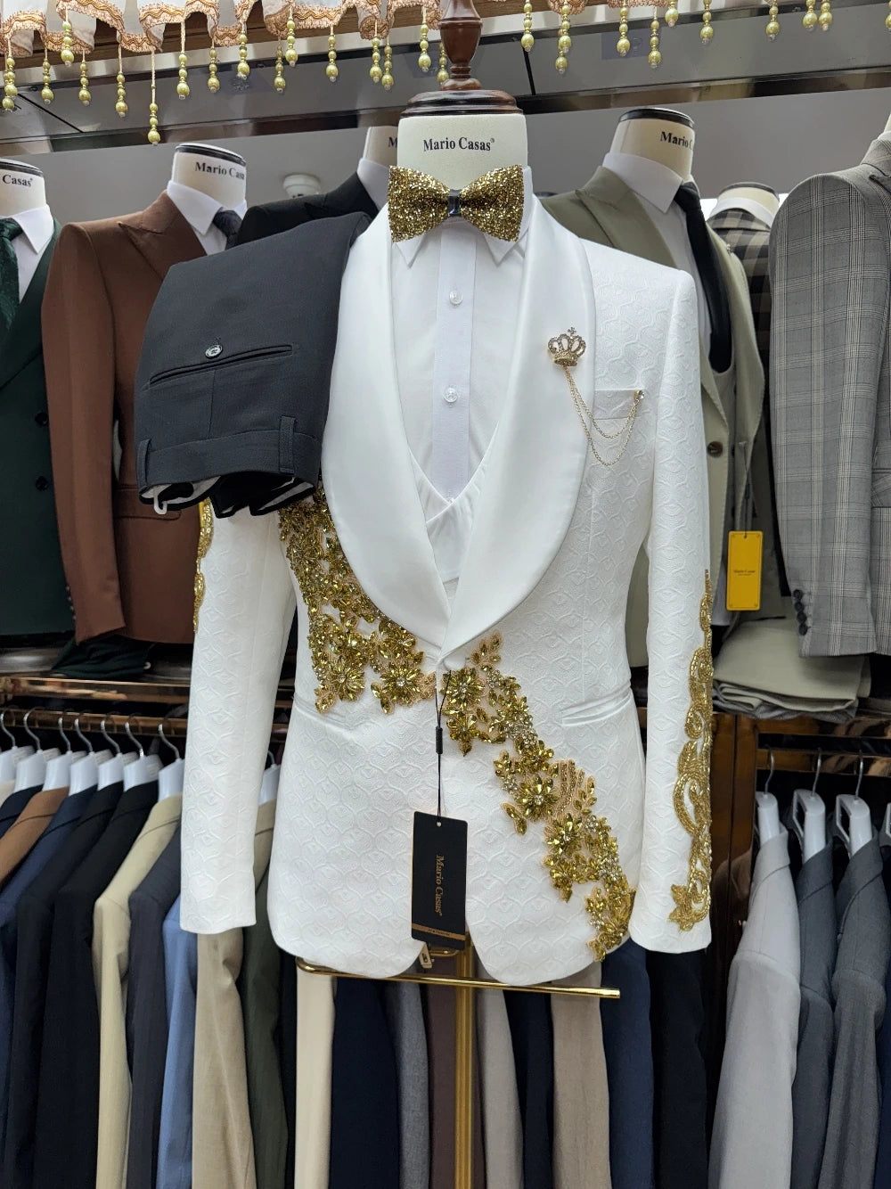 Textured White Fully Jacquard Groom Wear Decent Golden Lace 3-pieces Men's Suit Set Formal Banquet Tuxedo Slim Gentleman Outfit