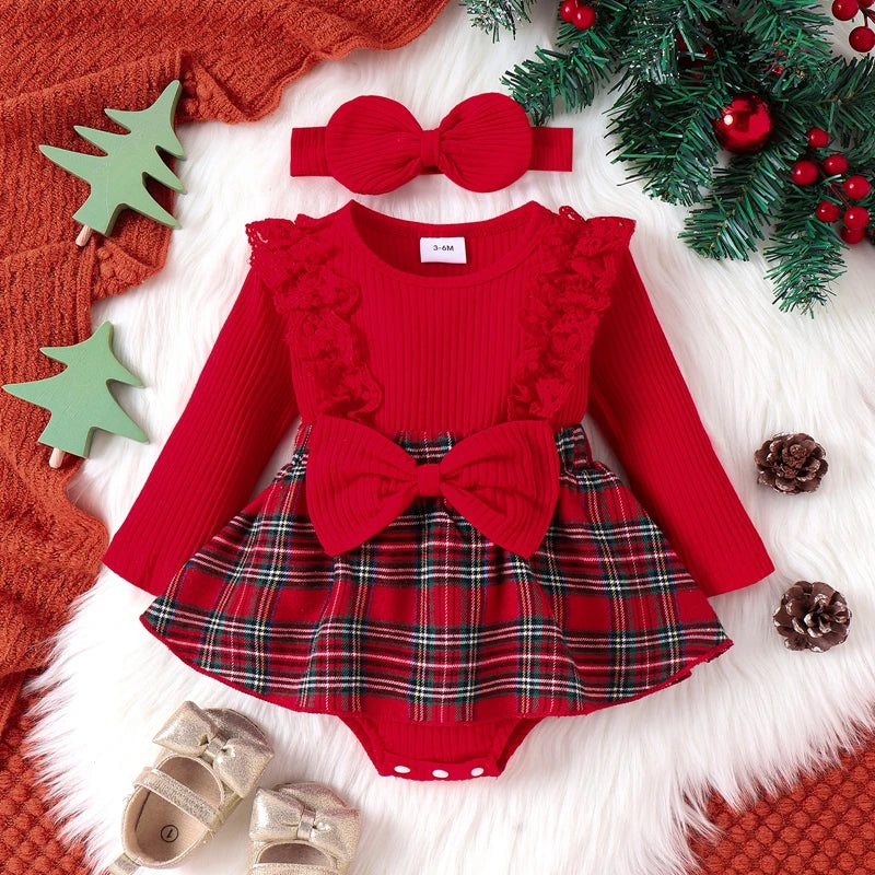 Pudcoco Baby Girl Outfits Long Sleeve Ruffle Lace Romper Plaid Skirt Dress with Headband Christmas Clothes Set 0-12M