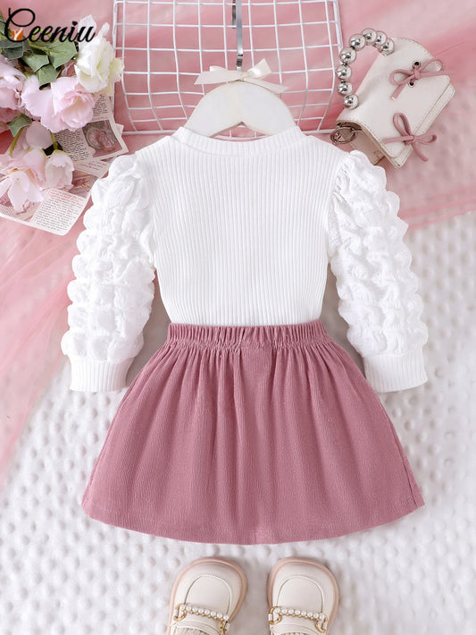 0-3Y Baby Girl Outfit Set 2pcs Puffy Sleeve Heart Shape Top and Corduroy Skirts Valentines Day Sweet Toddler Kids Clothes Girls