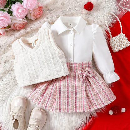 Fashion Baby Girl Winter Clothes White Blouse+Knit Waistcoat+Red Plaid Skirts Sets For Newborn Baby Girl Christmas Outfit Sets