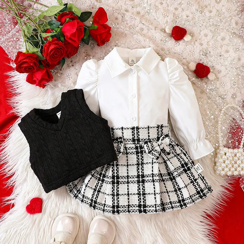 Fashion Baby Girl Winter Clothes White Blouse+Knit Waistcoat+Red Plaid Skirts Sets For Newborn Baby Girl Christmas Outfit Sets
