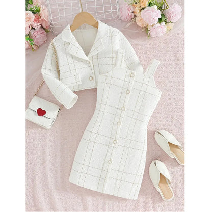 Girls' Fall/Winter Clothes Set Long Sleeve Jacket + Suspender Dress For Parties Outdoor Summer Children Outfits For 3 4 5 6 7 8Y