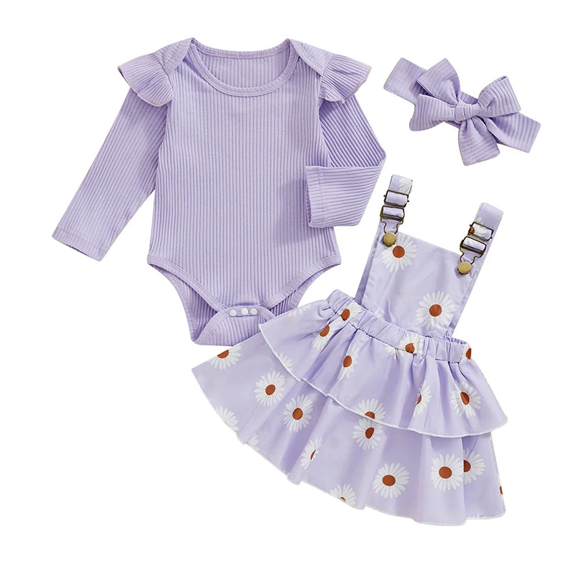 Baby Girls Fall Outfit Ribbed Long Sleeve Romper and Floral Suspender Skirt Cute Headband 3 Piece Clothes