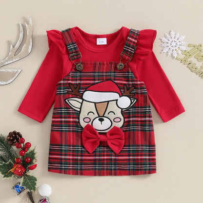 Newborn Baby Girl Christmas Outfits Solid Color Long Sleeve Rompers Deer Patch Plaid Suspender Skirts 2Pcs Clothes Set