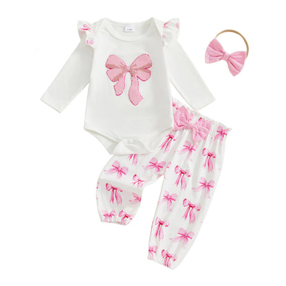 Baby Girl Fall Outfits Bow Print Long Sleeve Crew Neck Romper with Elastic Waist Pants and Headband 3 Pcs Set