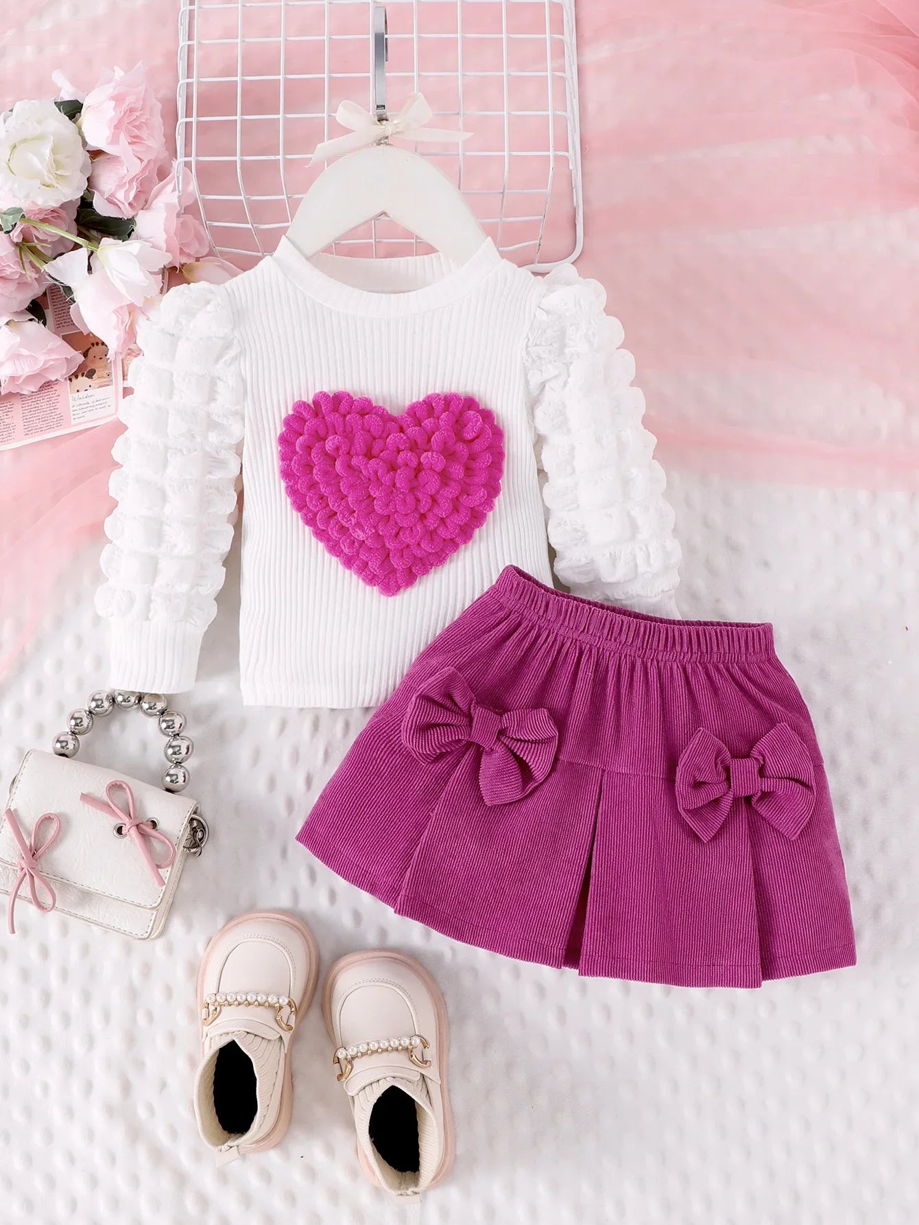 0-3Y Baby Girl Outfit Set 2pcs Puffy Sleeve Heart Shape Top and Corduroy Skirts Valentines Day Sweet Toddler Kids Clothes Girls