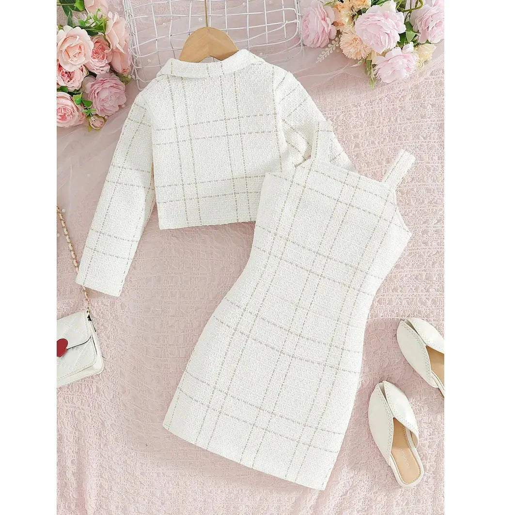 Girls' Fall/Winter Clothes Set Long Sleeve Jacket + Suspender Dress For Parties Outdoor Summer Children Outfits For 3 4 5 6 7 8Y
