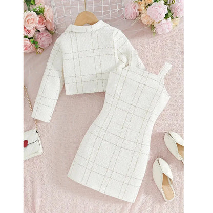 Girls' Fall/Winter Clothes Set Long Sleeve Jacket + Suspender Dress For Parties Outdoor Summer Children Outfits For 3 4 5 6 7 8Y