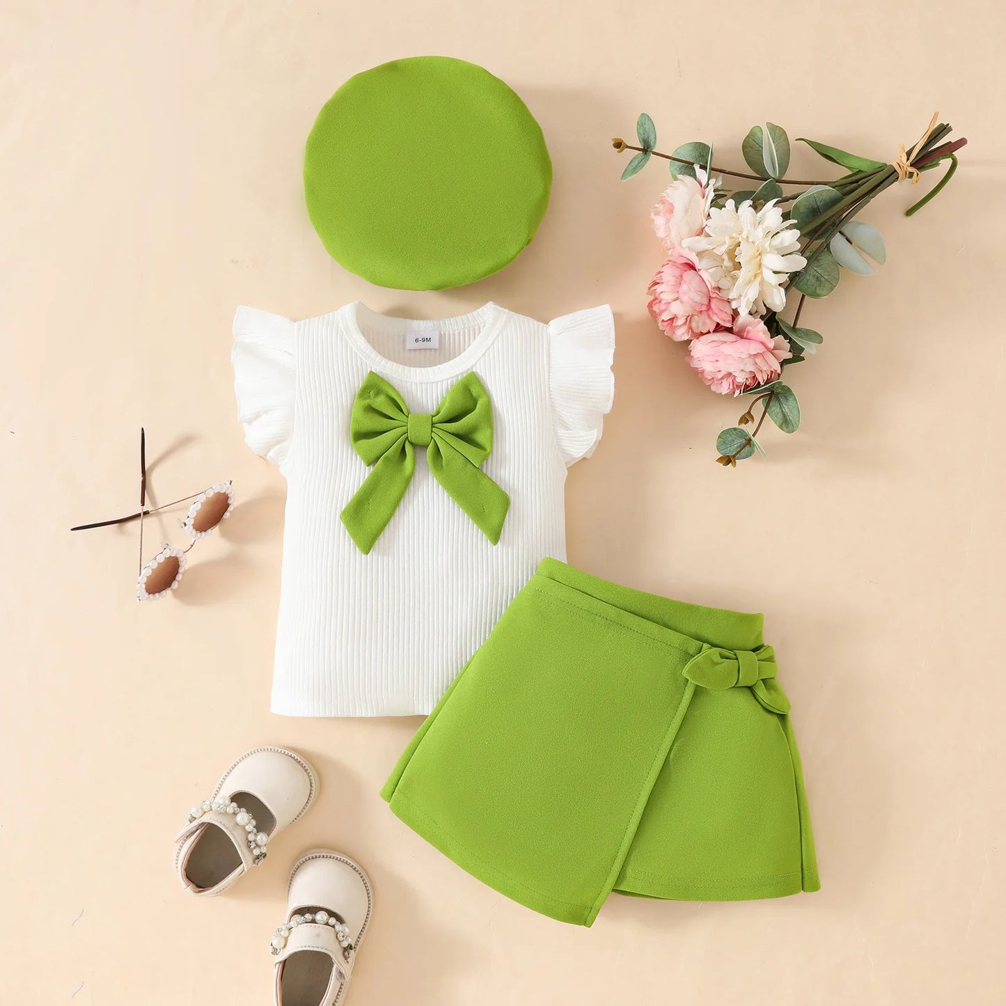 0-3Y Baby Girls Clothes Set 2025 Summer Toddler Outfit Sleeveless Mesh Top+Bow Skirt+Beret 3Pcs Set Cute Infant T-shirt Suit