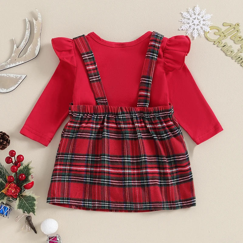 Newborn Baby Girl Christmas Outfits Solid Color Long Sleeve Rompers Deer Patch Plaid Suspender Skirts 2Pcs Clothes Set