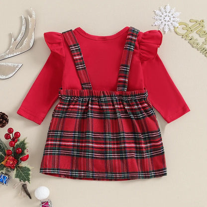 Newborn Baby Girl Christmas Outfits Solid Color Long Sleeve Rompers Deer Patch Plaid Suspender Skirts 2Pcs Clothes Set