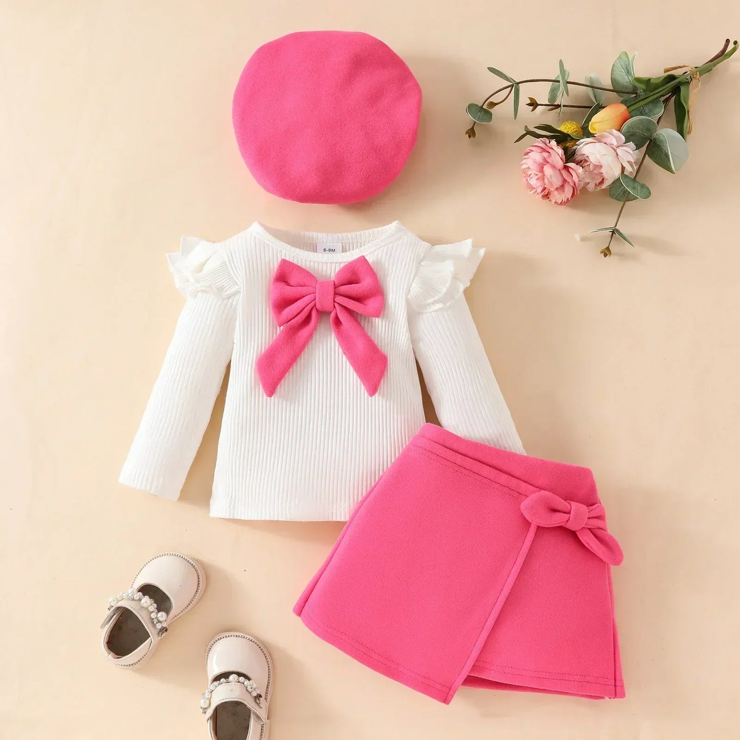 Baby Girls Clothes New Year Set 0-3Y Long Sleeve Big Bow Top Irregular Skirt and Beret 3Pcs Toddler Christmas Clothes