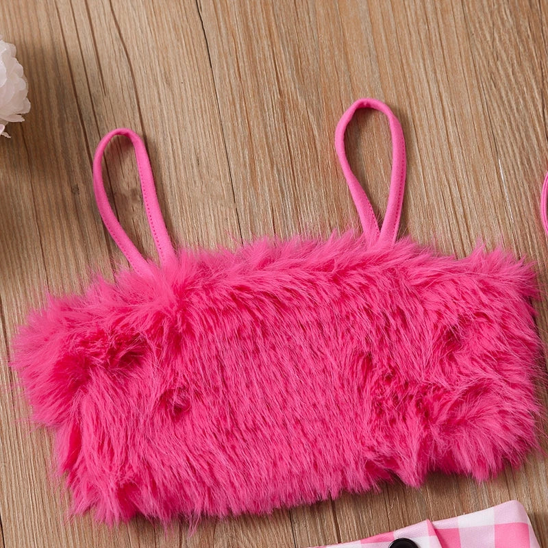 Kids Girl Summer Outfit Casual Plush Sleeveless Camisole Elastic Plaid Pleated Skirt with Crossbody Bag Set for Toddler 2-8Y