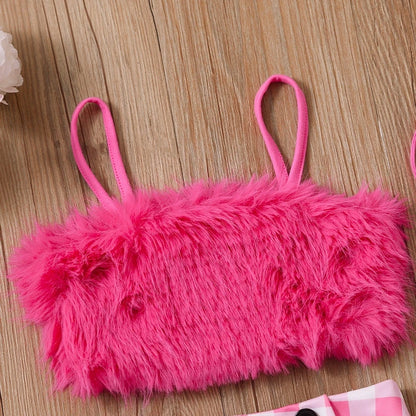 Kids Girl Summer Outfit Casual Plush Sleeveless Camisole Elastic Plaid Pleated Skirt with Crossbody Bag Set for Toddler 2-8Y