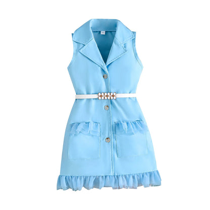 Prowow Girl's Blazer Dresses Sleeveless Lapel Fashion Lace Dress For Kids With Belt 2pcs Children Clothes 3 To 8 Years Old