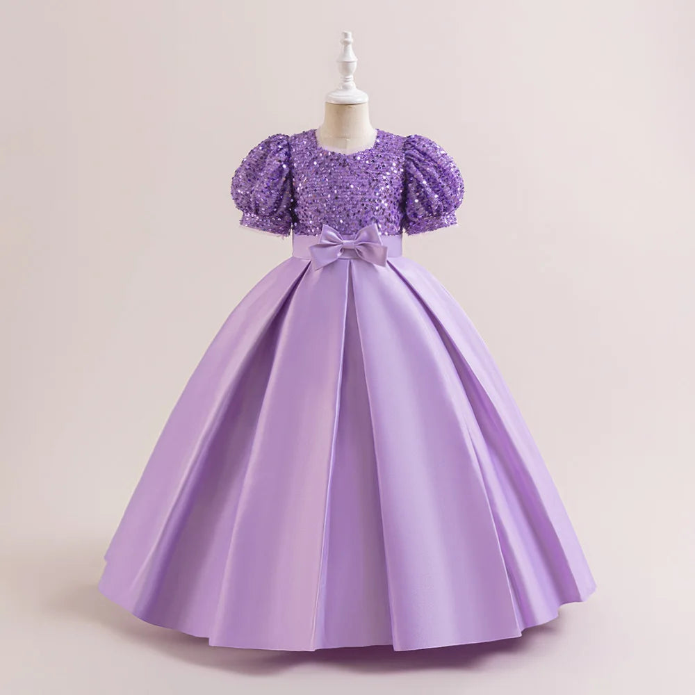 Sequin Elegant Kids Party Dresses For Girls Children Green Christmas Wedding Birthday Gown Bow Girl Princess Evening Dress 4-14Y