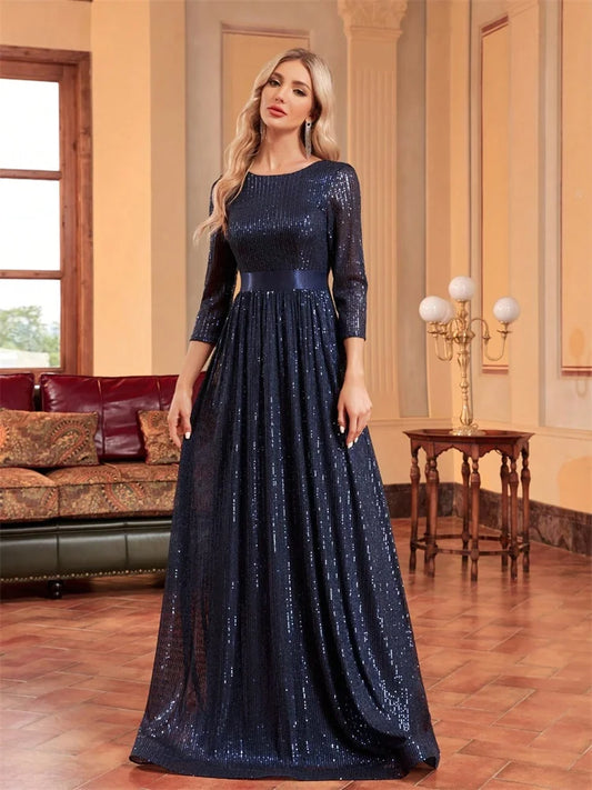 Luxury O-Neck Long Sleeves Sequins Formal Evening Dress Women 2025 Wedding Party Prom Maxi Cocktail Dresses Graduation Vestidos