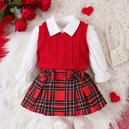 Fashion Baby Girl Winter Clothes White Blouse+Knit Waistcoat+Red Plaid Skirts Sets For Newborn Baby Girl Christmas Outfit Sets