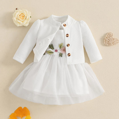 MISOWMNJOY Baby Girl Fall Outfit Spring Fall Long Sleeve Cardigan Coat Flower Embroidery Tulle Tank Dress Toddler 2 Piece Set
