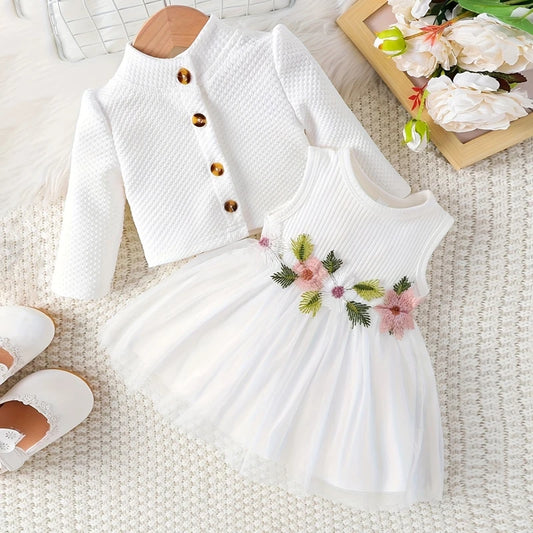 MISOWMNJOY Baby Girl Fall Outfit Spring Fall Long Sleeve Cardigan Coat Flower Embroidery Tulle Tank Dress Toddler 2 Piece Set