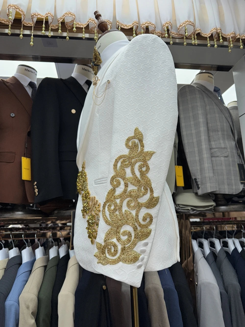 Textured White Fully Jacquard Groom Wear Decent Golden Lace 3-pieces Men's Suit Set Formal Banquet Tuxedo Slim Gentleman Outfit