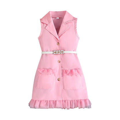 Prowow Girl's Blazer Dresses Sleeveless Lapel Fashion Lace Dress For Kids With Belt 2pcs Children Clothes 3 To 8 Years Old