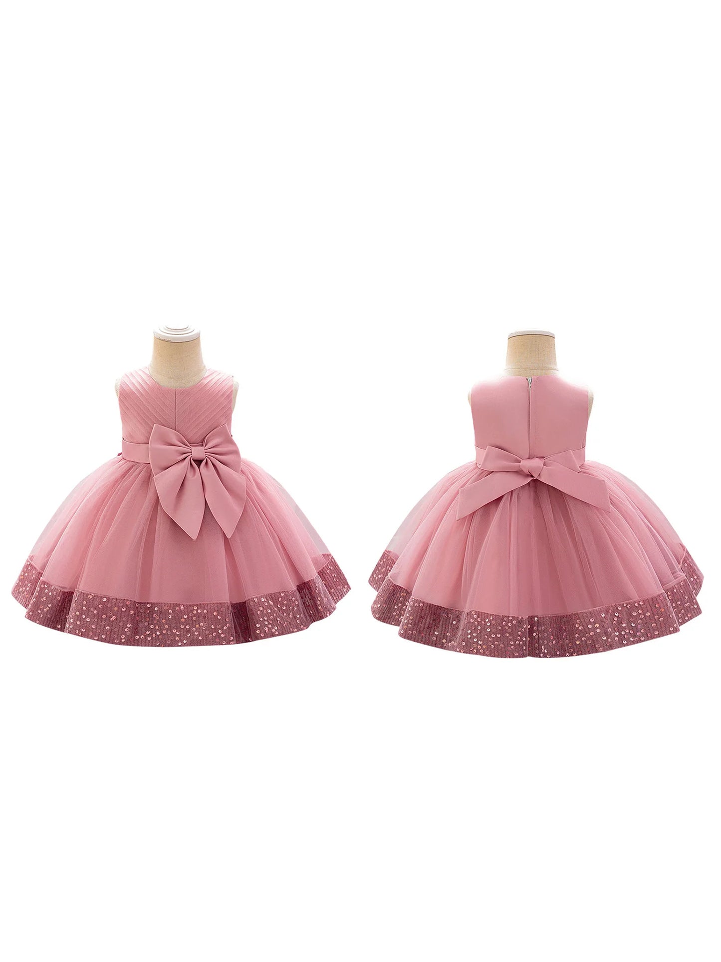 Girls Sleeveless Round Neck Sequins Hem Tulle Patchwork A-line Dress with Sparkling Embellishments and Bow Detail