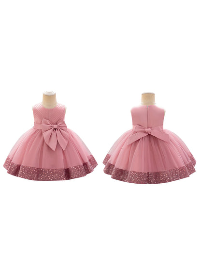 Girls Sleeveless Round Neck Sequins Hem Tulle Patchwork A-line Dress with Sparkling Embellishments and Bow Detail
