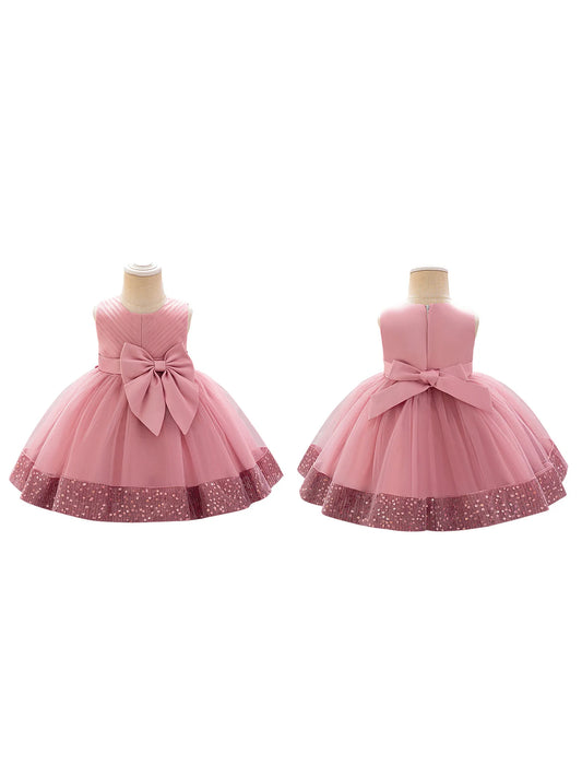 Girls Sleeveless Round Neck Sequins Hem Tulle Patchwork A-line Dress with Sparkling Embellishments and Bow Detail
