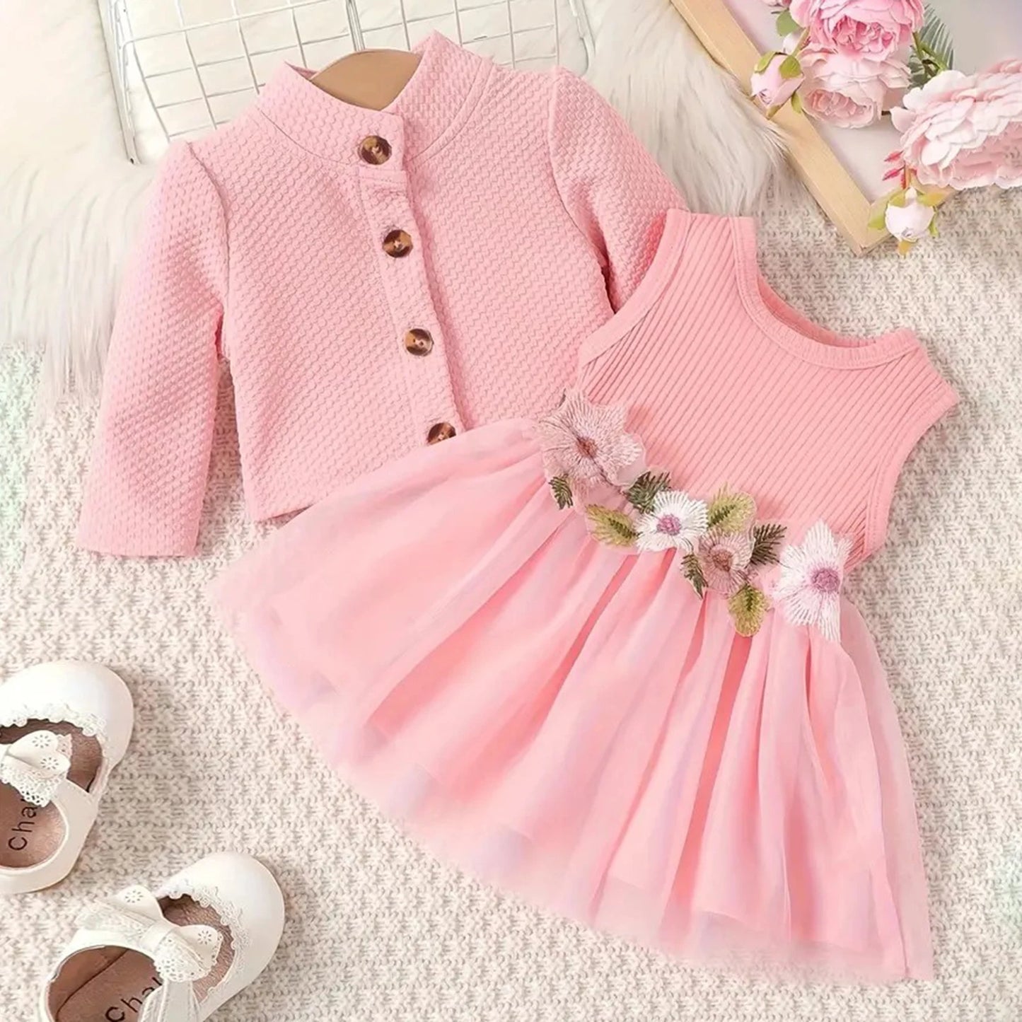MISOWMNJOY Baby Girl Fall Outfit Spring Fall Long Sleeve Cardigan Coat Flower Embroidery Tulle Tank Dress Toddler 2 Piece Set