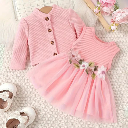 MISOWMNJOY Baby Girl Fall Outfit Spring Fall Long Sleeve Cardigan Coat Flower Embroidery Tulle Tank Dress Toddler 2 Piece Set