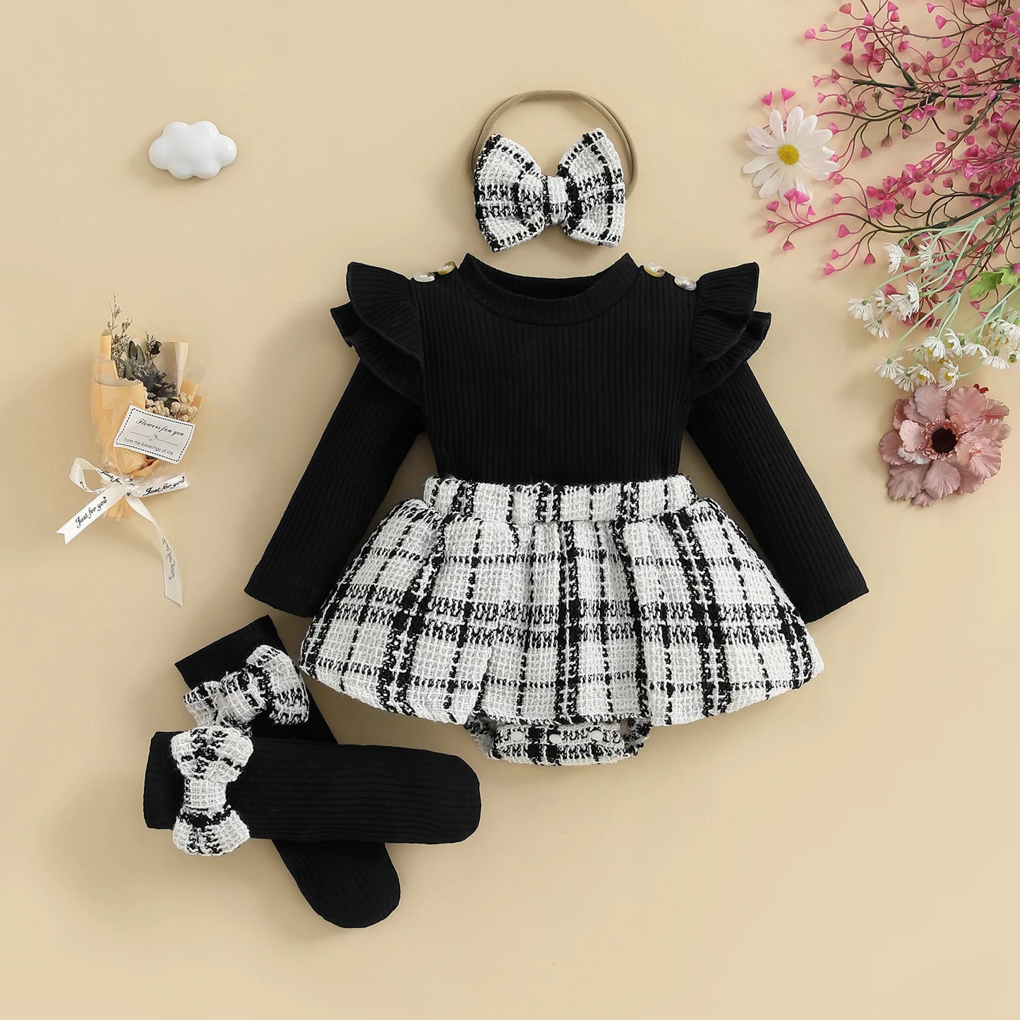 Baby Girl Fall Outfits Long Sleeve Plaid Print Skirt Bodysuit with Headband Socks Set Infant Clothes