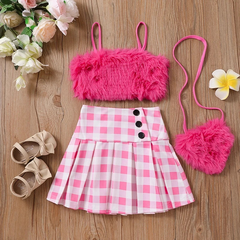 Kids Girl Summer Outfit Casual Plush Sleeveless Camisole Elastic Plaid Pleated Skirt with Crossbody Bag Set for Toddler 2-8Y