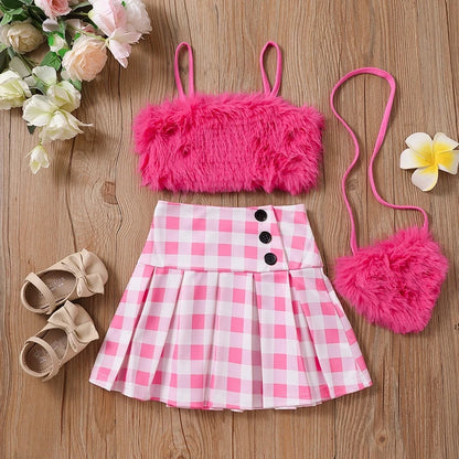 Kids Girl Summer Outfit Casual Plush Sleeveless Camisole Elastic Plaid Pleated Skirt with Crossbody Bag Set for Toddler 2-8Y