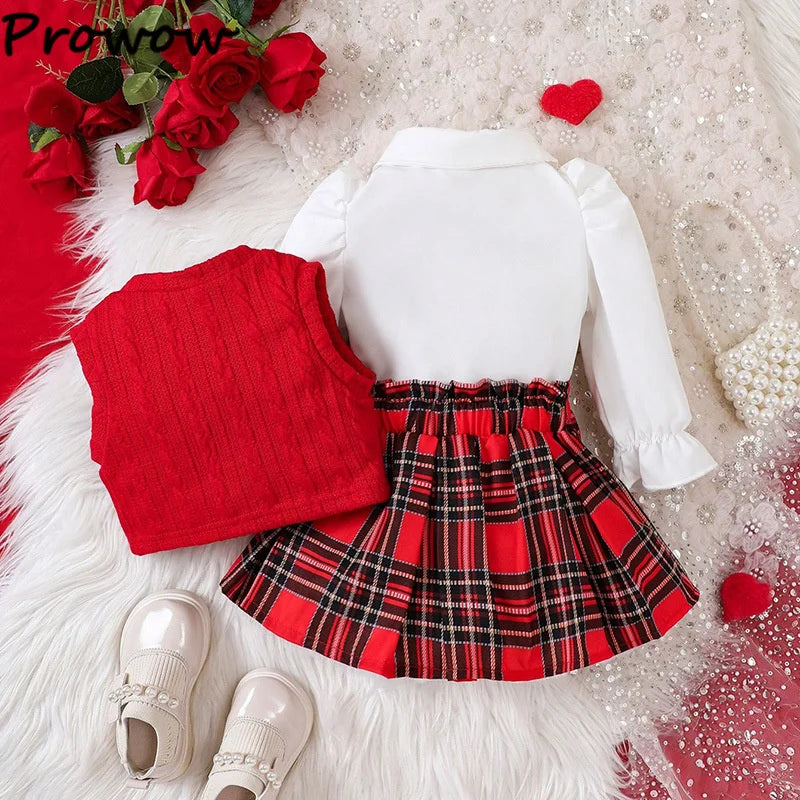 Fashion Baby Girl Winter Clothes White Blouse+Knit Waistcoat+Red Plaid Skirts Sets For Newborn Baby Girl Christmas Outfit Sets