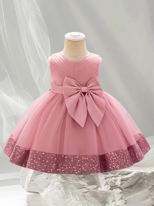 Girls Sleeveless Round Neck Sequins Hem Tulle Patchwork A-line Dress with Sparkling Embellishments and Bow Detail