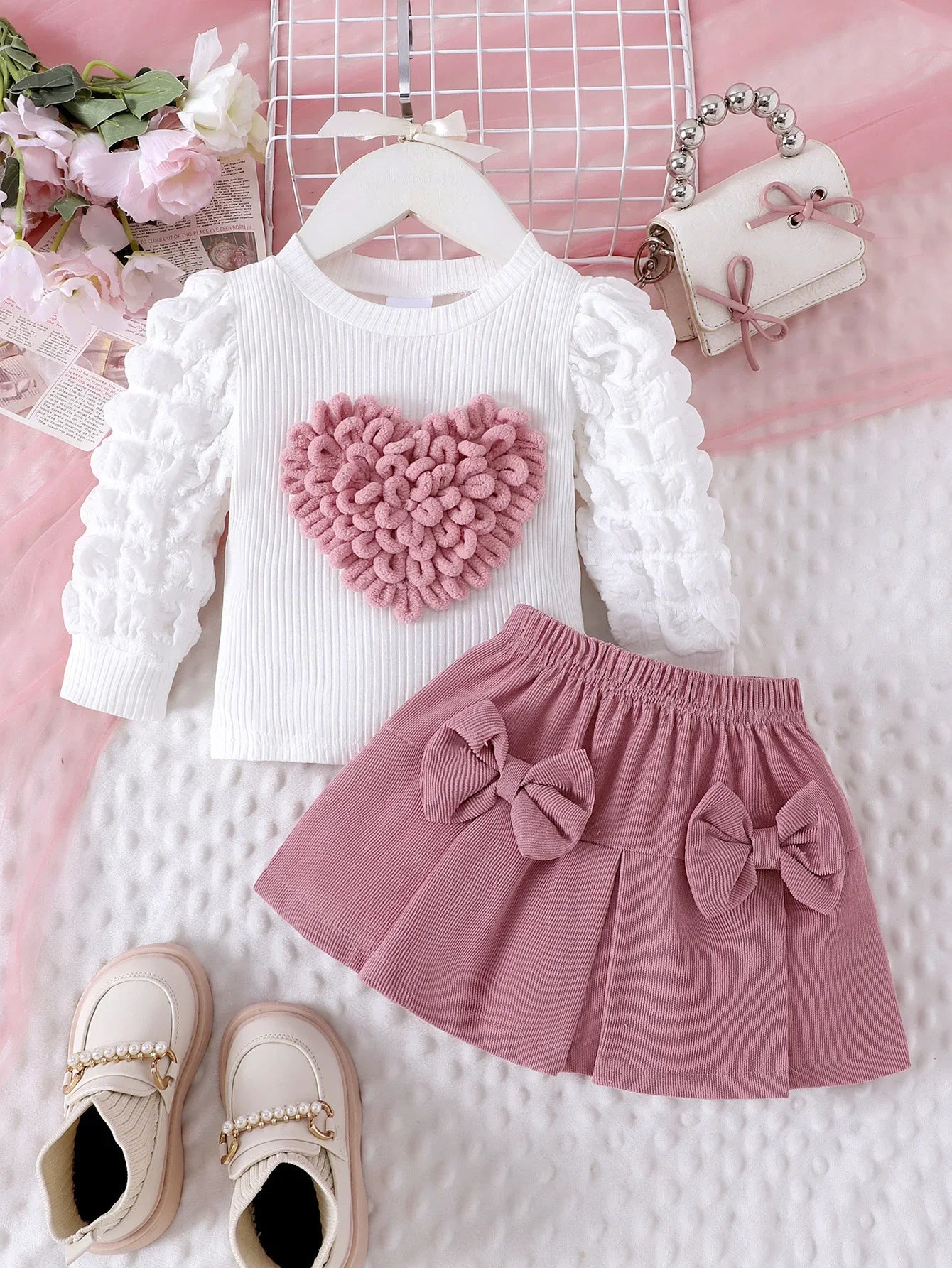 0-3Y Baby Girl Outfit Set 2pcs Puffy Sleeve Heart Shape Top and Corduroy Skirts Valentines Day Sweet Toddler Kids Clothes Girls
