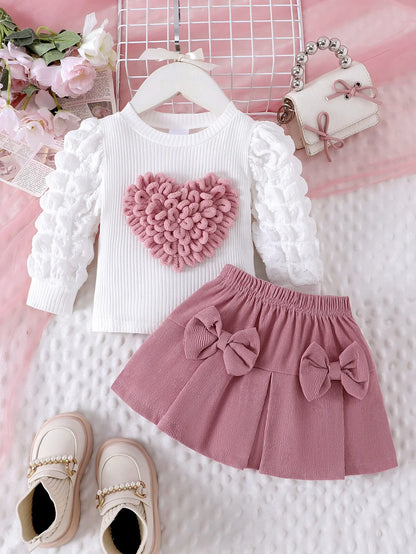 0-3Y Baby Girl Outfit Set 2pcs Puffy Sleeve Heart Shape Top and Corduroy Skirts Valentines Day Sweet Toddler Kids Clothes Girls
