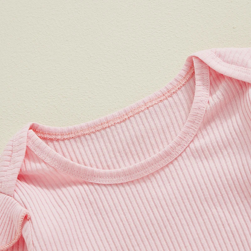 Baby Girls Fall Outfit Ribbed Long Sleeve Romper and Floral Suspender Skirt Cute Headband 3 Piece Clothes