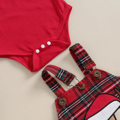 Newborn Baby Girl Christmas Outfits Solid Color Long Sleeve Rompers Deer Patch Plaid Suspender Skirts 2Pcs Clothes Set