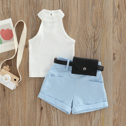Little Girl Three-Piece Outfits Solid Color Sleeveless Ribbed Stand-Up Collar Tops + Belted Short Pants + Small Waist Pack 6M-4T