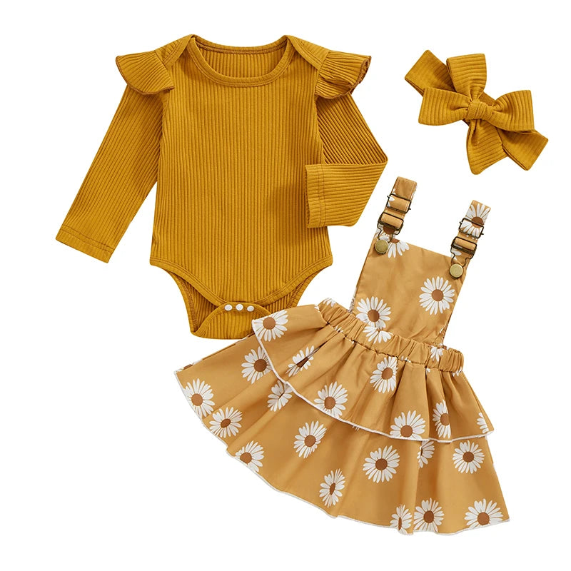 Baby Girls Fall Outfit Ribbed Long Sleeve Romper and Floral Suspender Skirt Cute Headband 3 Piece Clothes