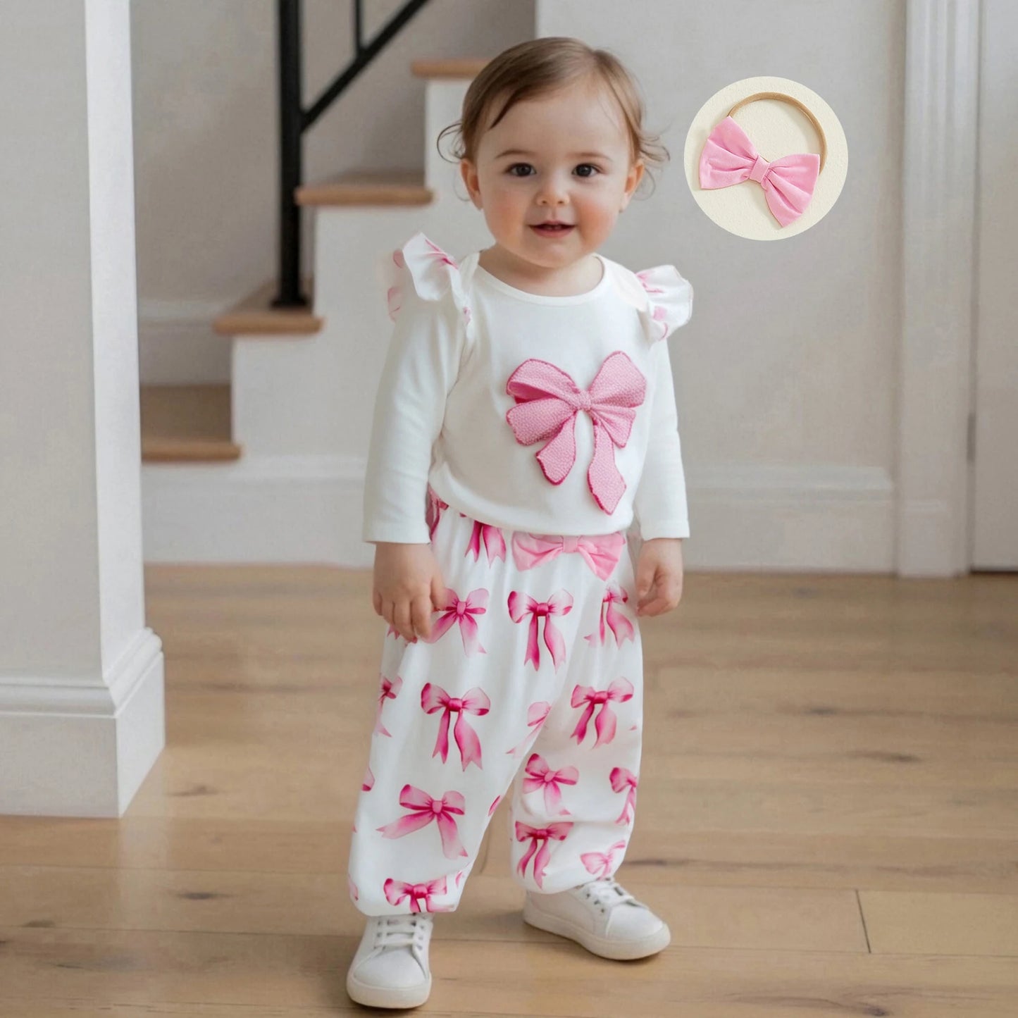 Baby Girl Fall Outfits Bow Print Long Sleeve Crew Neck Romper with Elastic Waist Pants and Headband 3 Pcs Set