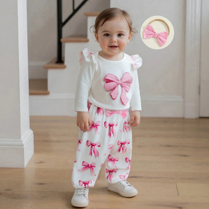 Baby Girl Fall Outfits Bow Print Long Sleeve Crew Neck Romper with Elastic Waist Pants and Headband 3 Pcs Set